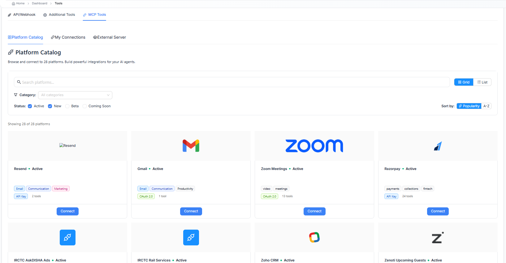 Figure 1 — MCP Tools: Platform Catalog. Browse and connect to 28 platforms including Resend, Gmail, Zoom, Razorpay, IRCTC, Zoho CRM, and Zenoti.