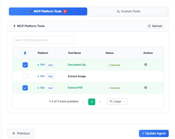 Figure 7 — MCP Tool Selection Interface. Check tools to enable them for your agent. Selected tools show a green Selected badge and a Configure gear icon.