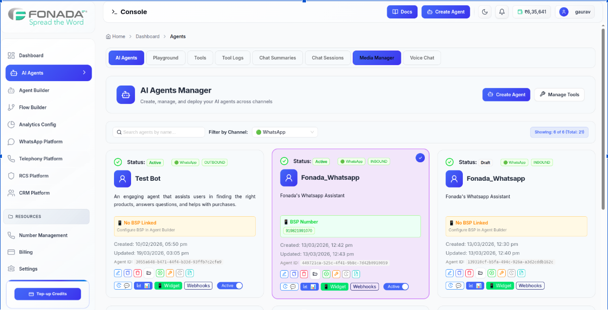Figure 1 — Accessing Media Manager from AI Agents. Navigate to AI Agents and click the Media Manager tab at the top of the console.