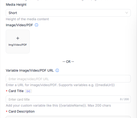 Figure 1.2 — Media and content: Media Height, upload zone, variable URL, and Card Title.