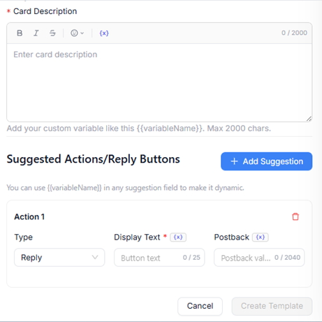Figure 1.3 — Interactive Elements: Card Description, suggested actions, Display Text, and Postback.