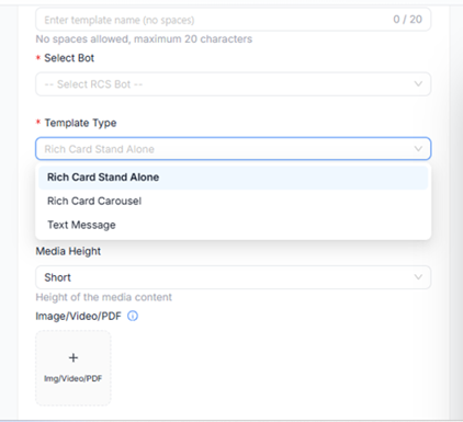 Figure A1 — Template Type dropdown: Rich Card Stand Alone, Rich Card Carousel, and Text Message.