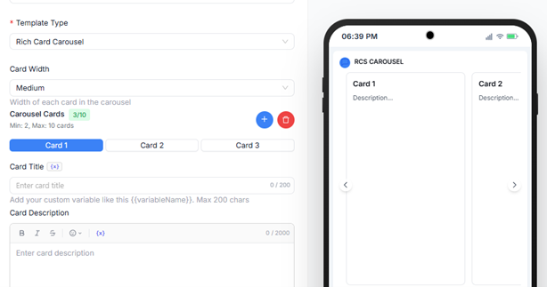 Figure A2 — Rich Card Carousel configuration with per-card controls and mobile preview.