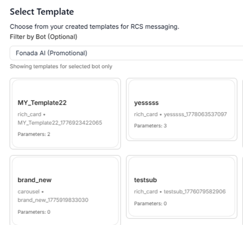 Figure 3.1 — Select Template screen filtered by bot with type, internal ID, and parameter count.