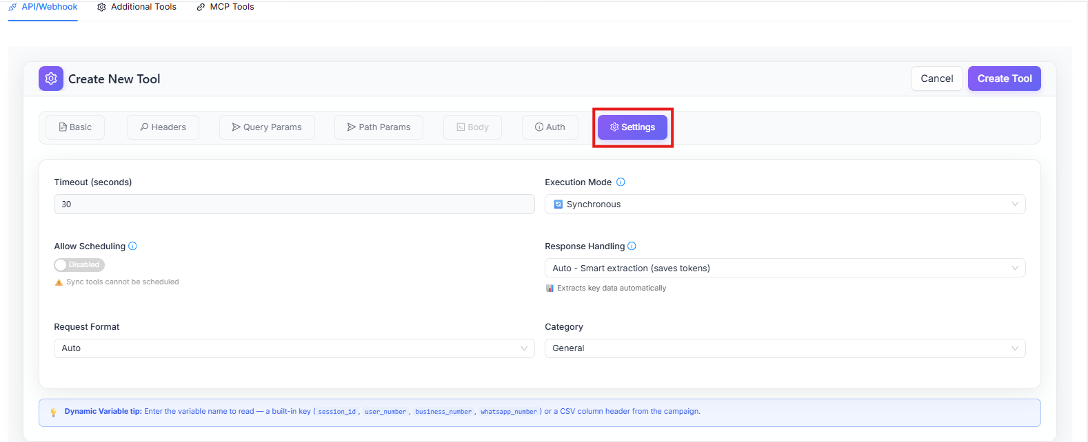 Figure 3 — Create New Tool: Settings tab — Timeout, Execution Mode, Response Handling, Request Format, Category.