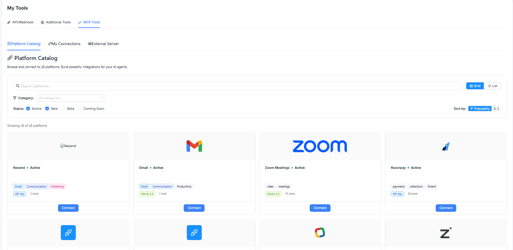 Figure 5 — MCP Tools Platform Catalog: 28 platforms including Gmail, Zoom, Razorpay, Resend.