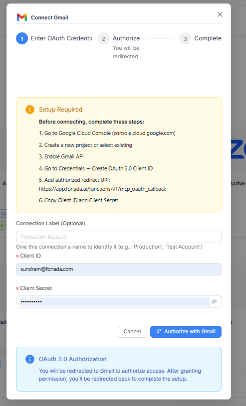 Figure 6 — MCP Connection Setup: Connect Gmail with OAuth 2.0 credentials.