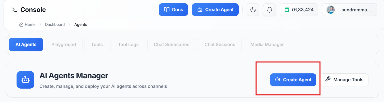 Figure — AI Agents Manager: click Create Agent (top-right) to start the Agent Builder.