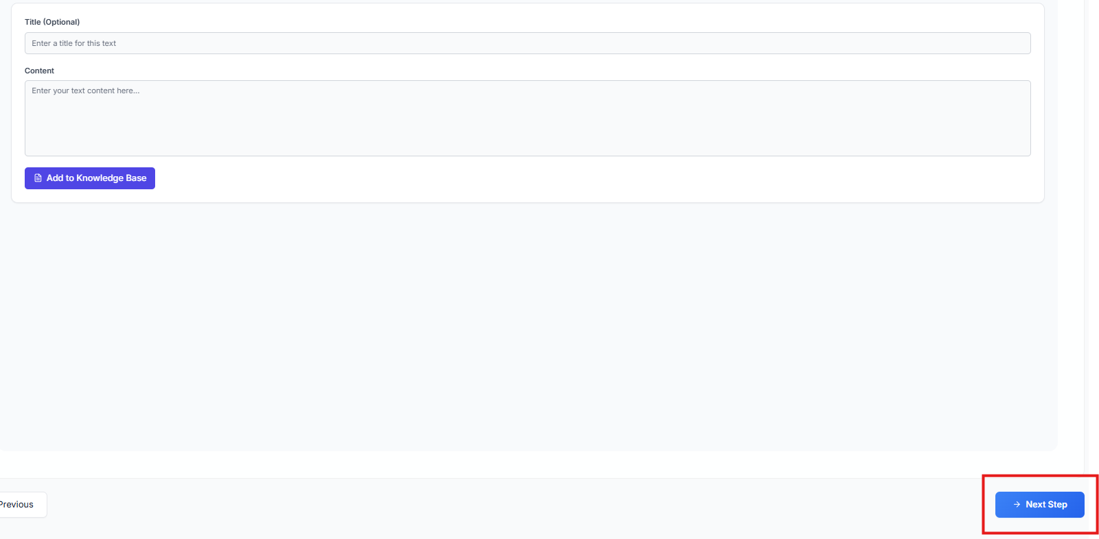 Figure — Knowledge Base: add text content, then click Add to Knowledge Base and Next Step.