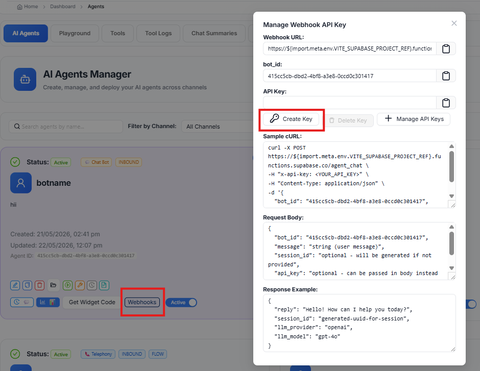 Figure — Webhooks on agent card → Manage Webhook API Key: Create Key, cURL sample, request and response.