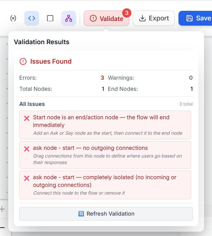 Figure 12 — Flow Validation Results. Shows Errors, Warnings, Total Nodes, and End Nodes count with detailed issue descriptions to guide fixes.
