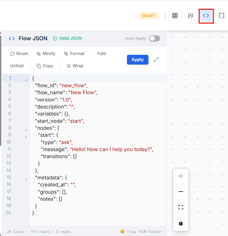Figure 5 — Flow JSON Editor. Advanced editor showing the underlying JSON structure of the flow. Supports Reset, Minify, Format, Fold/Unfold, Copy, Wrap, and Auto-Apply.