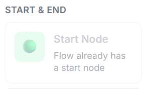 Figure 6 — Start Node. Every flow must have exactly one Start Node. The Node Library shows it as disabled once the flow already has a start node.
