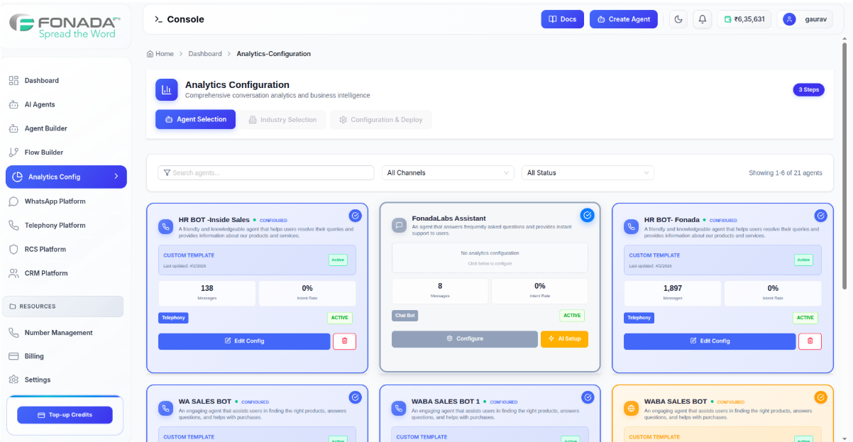 Figure 1 — Analytics Configuration Dashboard. View all AI agents and their analytics setup status. Quickly identify configured and unconfigured agents, track message counts, intent rates, and active conversation channels.