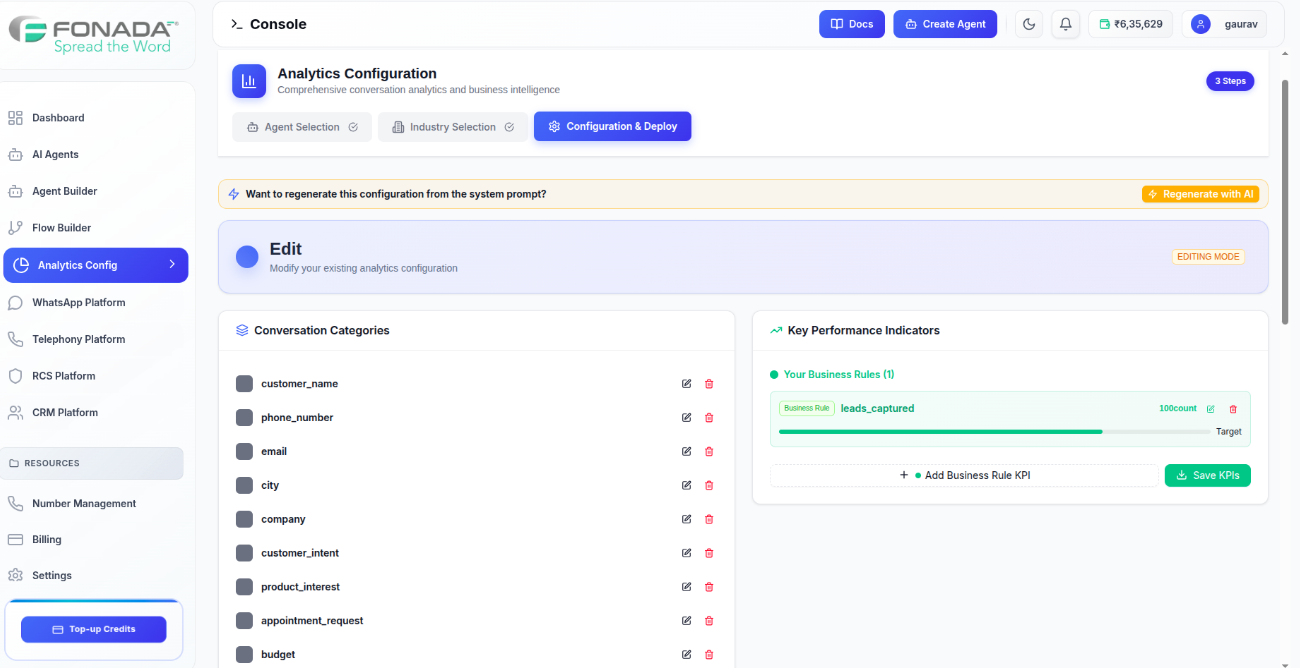 Figure 2 — AI Configuration Editing Node. The Configuration & Deploy screen in Editing Mode. Click 'Regenerate with AI' to automatically recreate categories, KPIs, and scoring rules from the agent's system prompt.