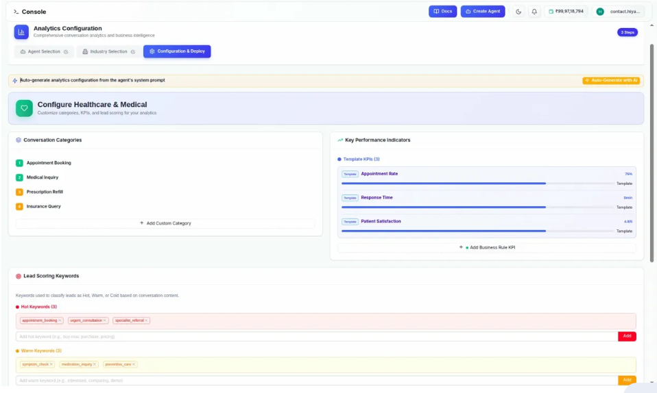 Figure 4 — AI Generated KPI & Category Configuration. After selecting an industry (e.g. Healthcare & Medical), the platform auto-generates conversation categories, Template KPIs with targets, and lead scoring logic — all tailored to the selected industry.