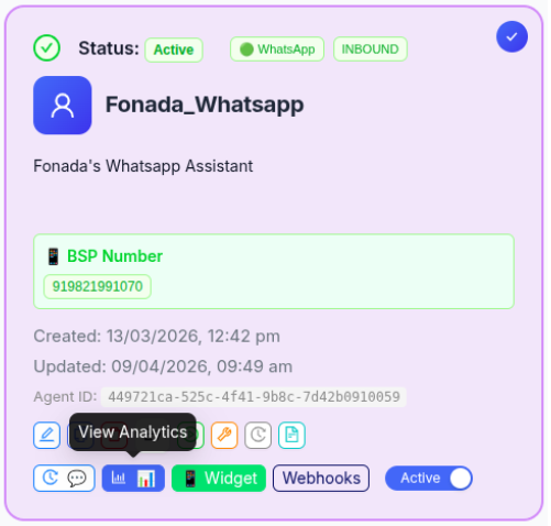 Figure 6 — View Analytics Action. Once analytics configuration is deployed, click the View Analytics icon on the AI Agent card to access detailed performance dashboards.