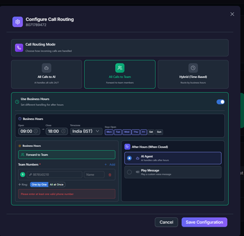 Figure — Live Agent with Business Hours: schedule, team numbers, ring strategy, and After Hours options.