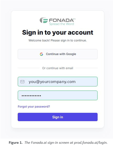 Figure 1. The main Fonada.ai sign-in screen at prod.fonada.ai/login.