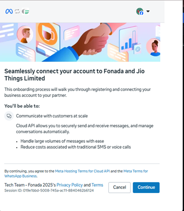Figure 3. The Meta connection screen explaining what Fonada will be able to do once you continue.