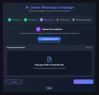 Figure 10 — Upload Your Audience (AI Agent Campaign): Drop your CSV or Excel file. Download Sample CSV for the correct format.