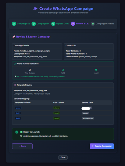 Figure 12 — Review & Launch (AI Agent Campaign): Confirm 3 contacts, template preview, and variable mapping. Click + Create Campaign to finish.