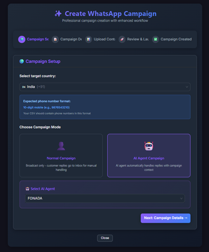 Figure 8 — AI Agent Campaign Setup: Select AI Agent Campaign mode, then choose the AI Agent from the Select AI Agent dropdown.