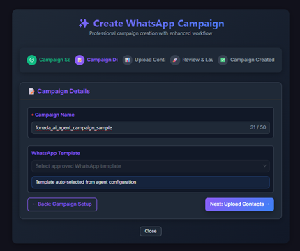 Figure 9 — AI Agent Campaign Details: Enter the Campaign Name. The WhatsApp Template is auto-selected from the agent configuration.