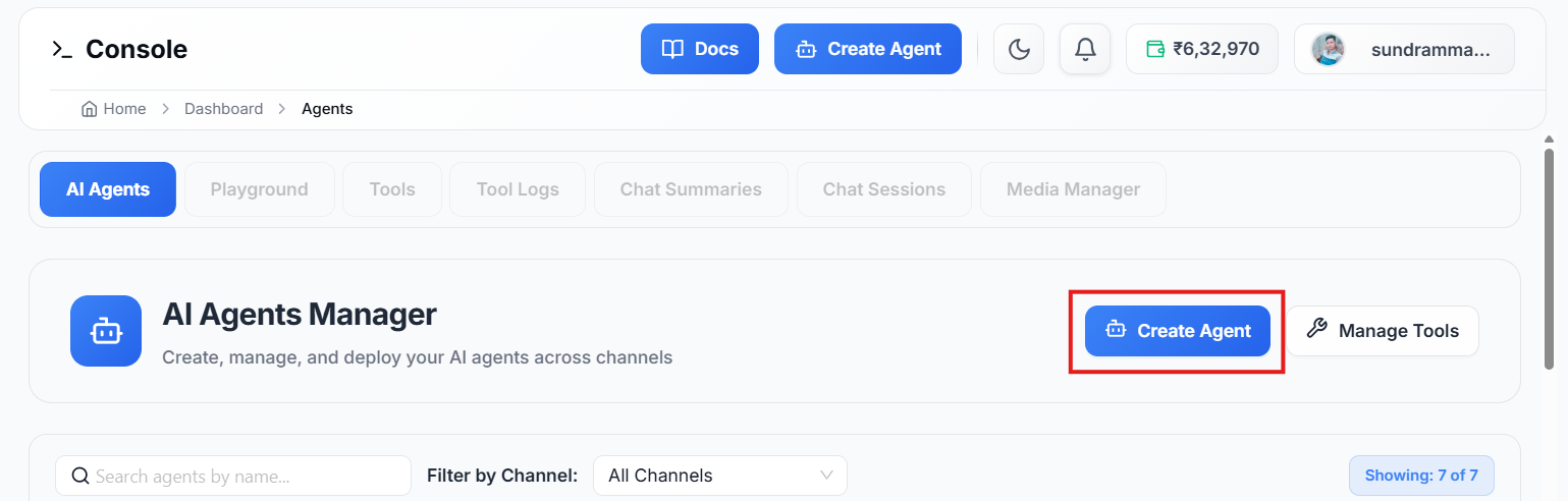 Figure 1 — AI Agents Manager: navigate to Agents from the left menu and click Create Agent.