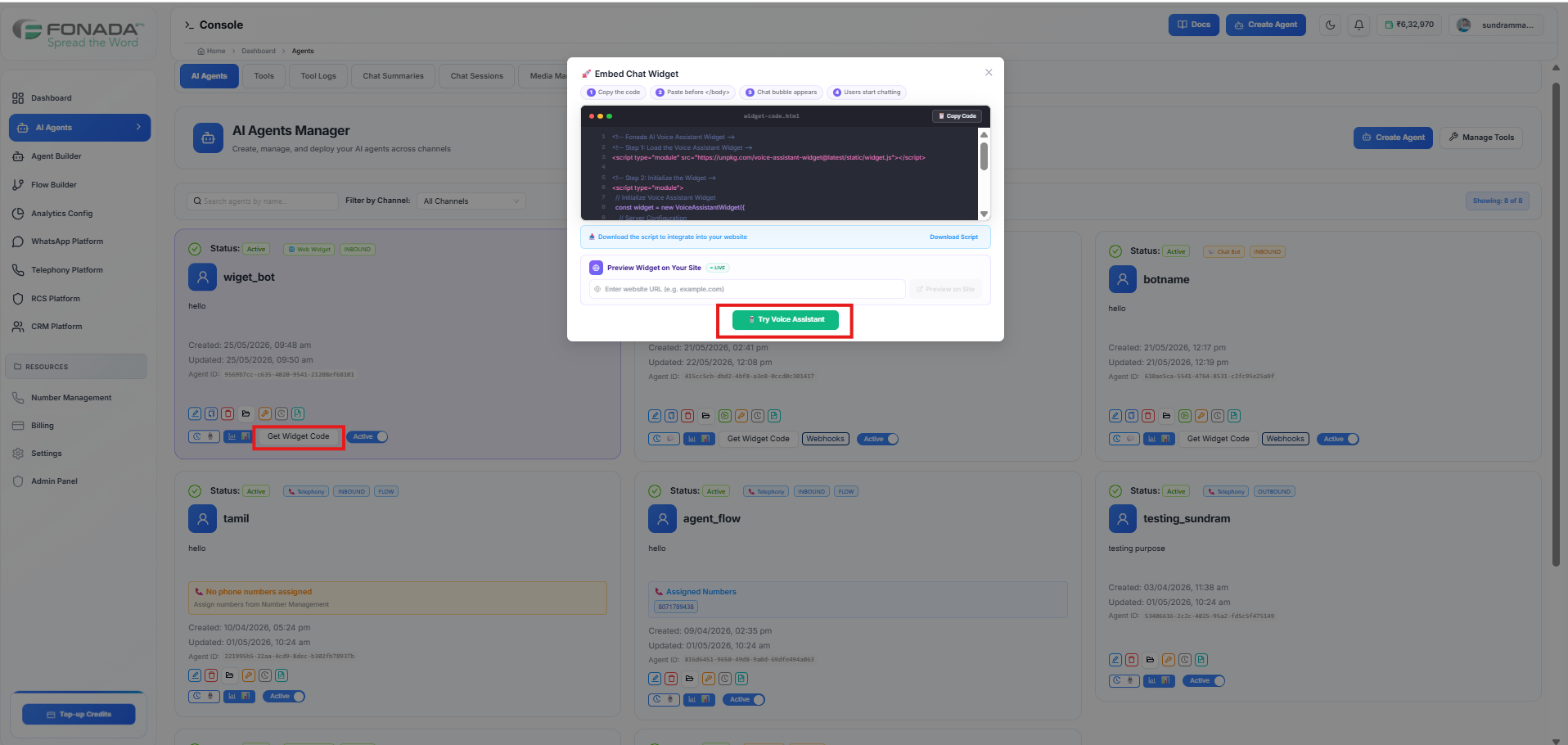 Figure 10 — Get Widget Code → Embed Chat Widget: copy code, download script, Try Voice Assistant.