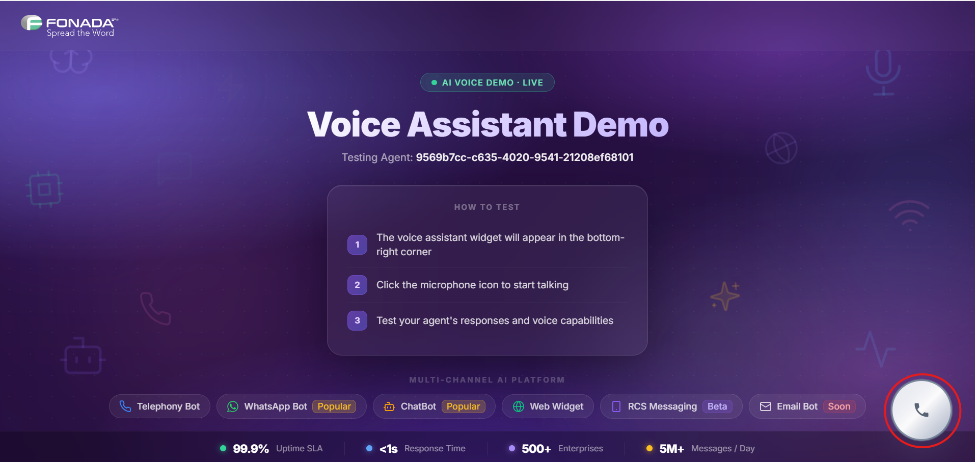Figure 11 — Live Web Widget (Voice Assistant Demo) on the website — microphone bubble at bottom-right.