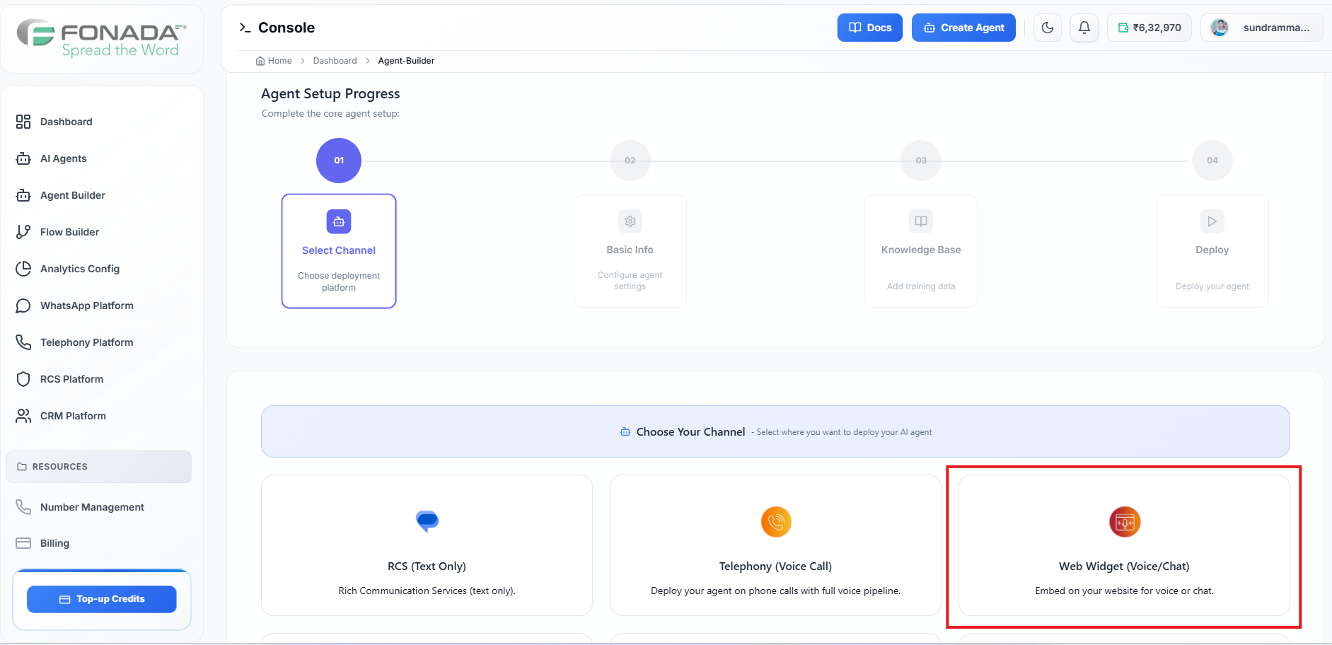Figure 2 — Agent Setup: select Web Widget (Voice/Chat) from the channel grid.
