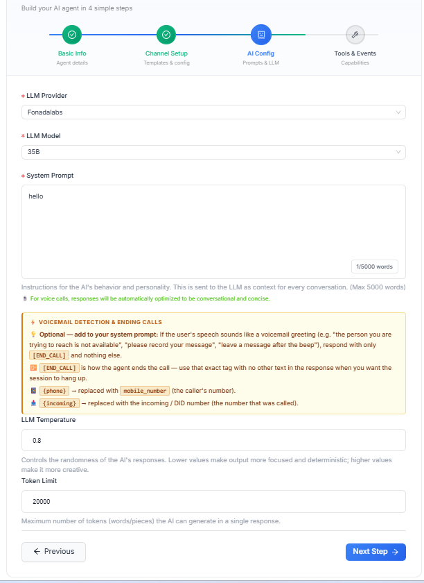 Figure 5 — AI Config: LLM provider, model, system prompt, voicemail detection tips, temperature, token limit.