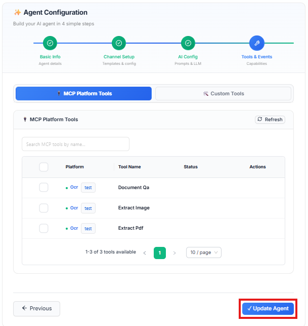 Figure 6 — Tools & Events: MCP Platform Tools selection and Update Agent.