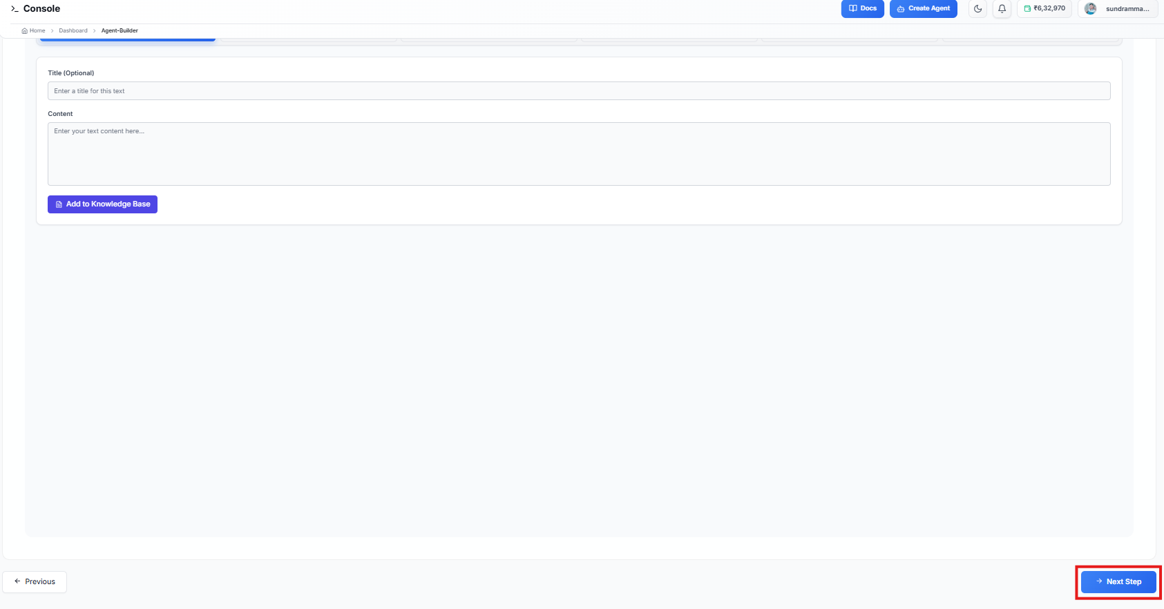Figure 7 — Knowledge Base: add title and content, then Add to Knowledge Base and Next Step.