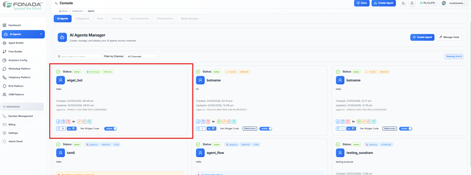 Figure 9 — AI Agents Manager after deployment: wiget_bot card with Active status, Web Widget badge, and Get Widget Code button.